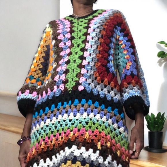 AMARA Bohemian Oversized Crochet Sweater Dress-Chunky Knit Kaleidoscope of Color - Picture 14 of 16